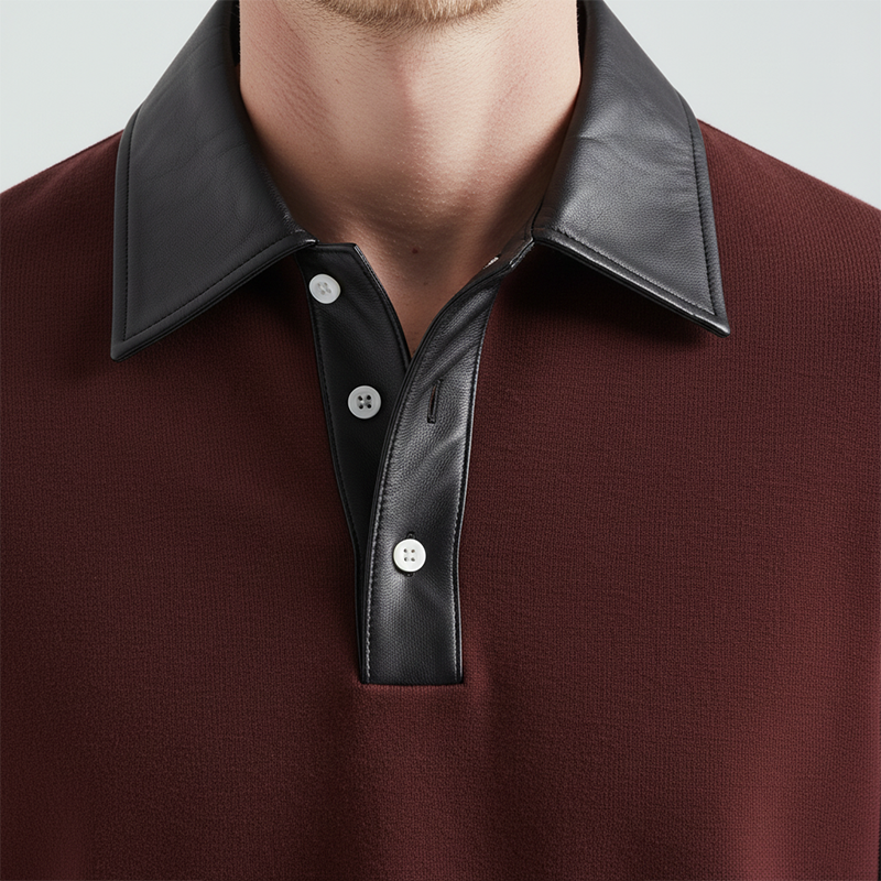 Men's Winter Retro PU Collar Knit Polo Shirt MTA2354J1P