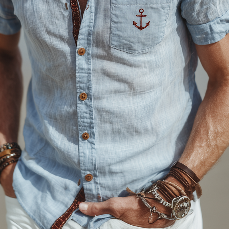 Men's Cotton And Linen Solid Color Embroidered Short-sleeved Shirt MTA1520G9X