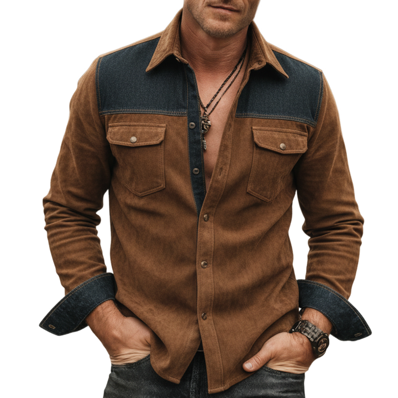 Men's Vintage Faux Suede And Dark Blue Denim Patchwork Long-sleeved Shirt MTZ1580A0U