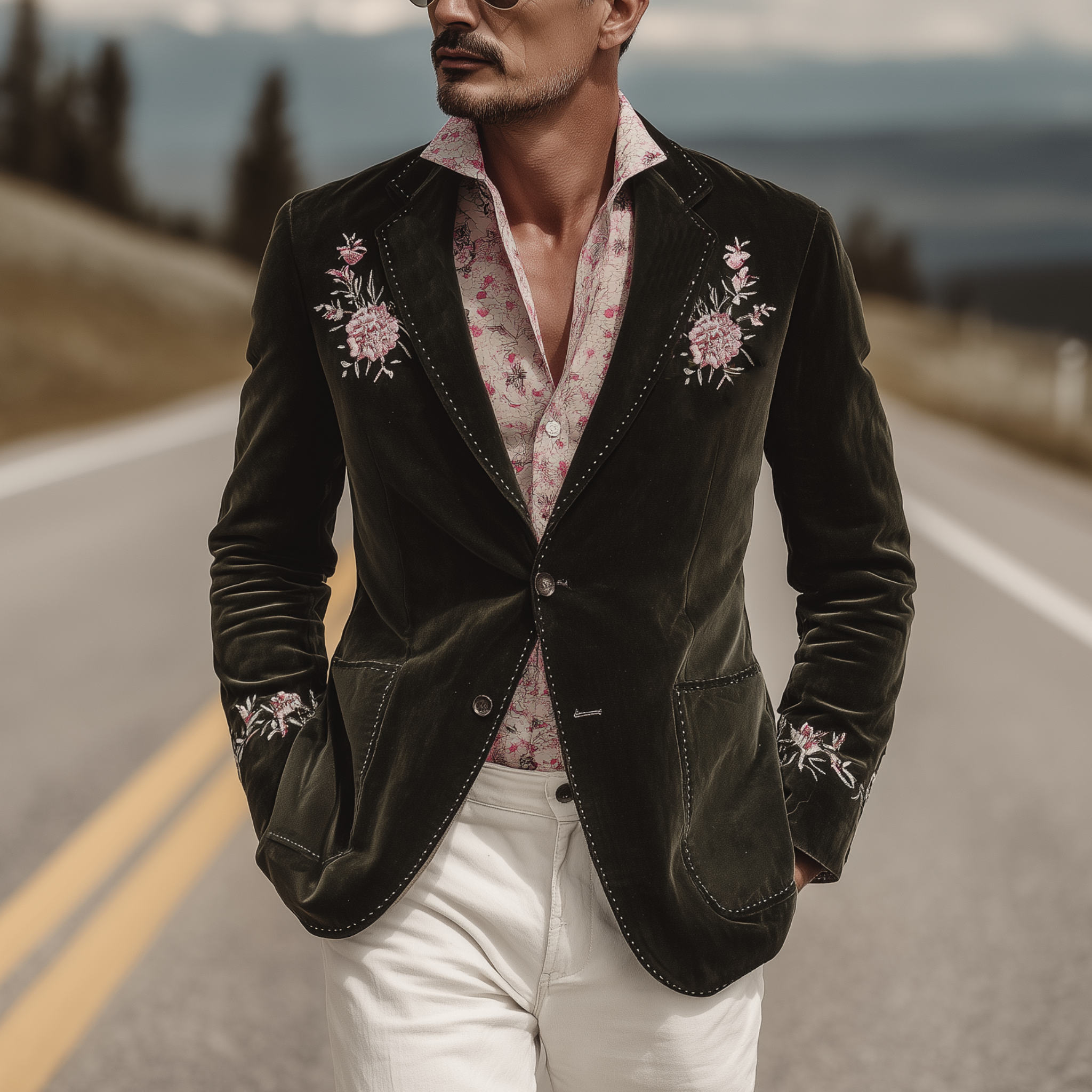 Men's Classic Retro Western Suede Floral Embroidered Single-Breasted Blazer MTA1235H0K