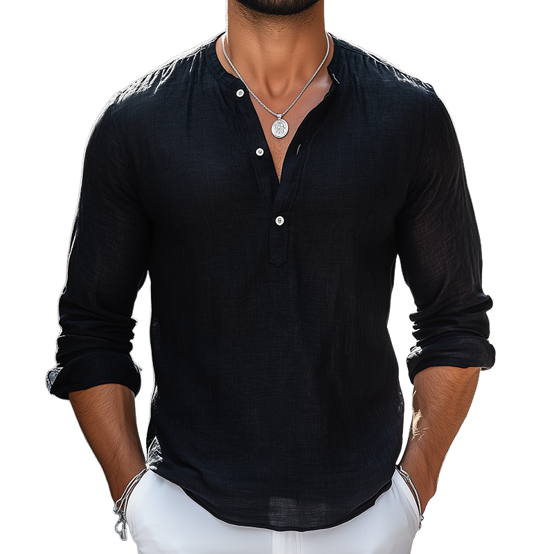 Men's Retro Casual Solid Color Cotton Linen Henley Collar Long Sleeve Shirt MTZ1118B8TO