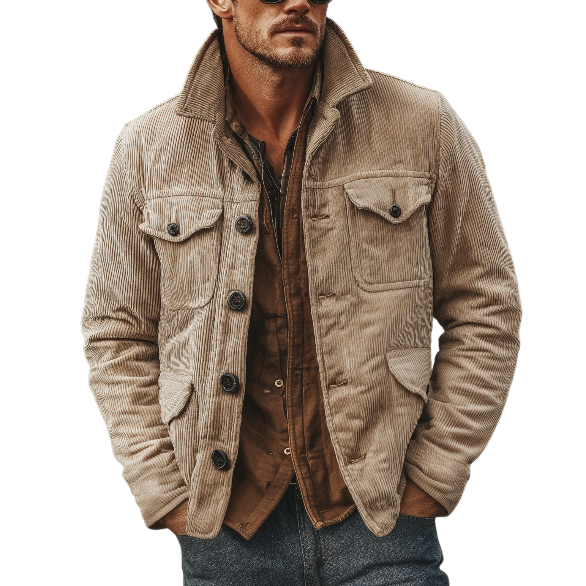 Men's Classic Retro Western Style Stand-up Collar Multi-pocket Corduroy Jacket MTA2506K2K
