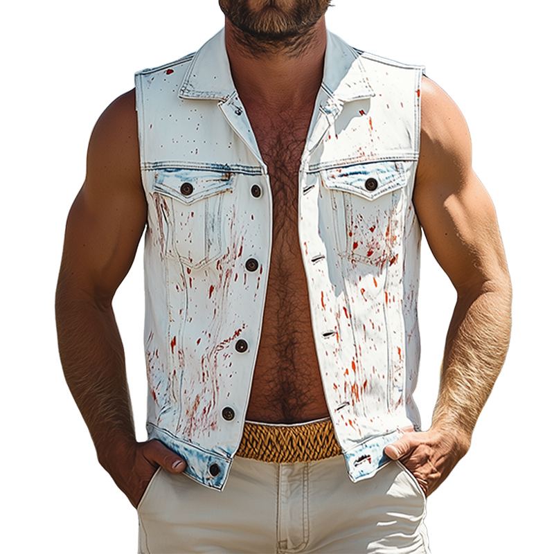 Men's Fashion Casual Washed Denim Personalized Ink Splash V-Neck Lapel Vest MTA2466F6K