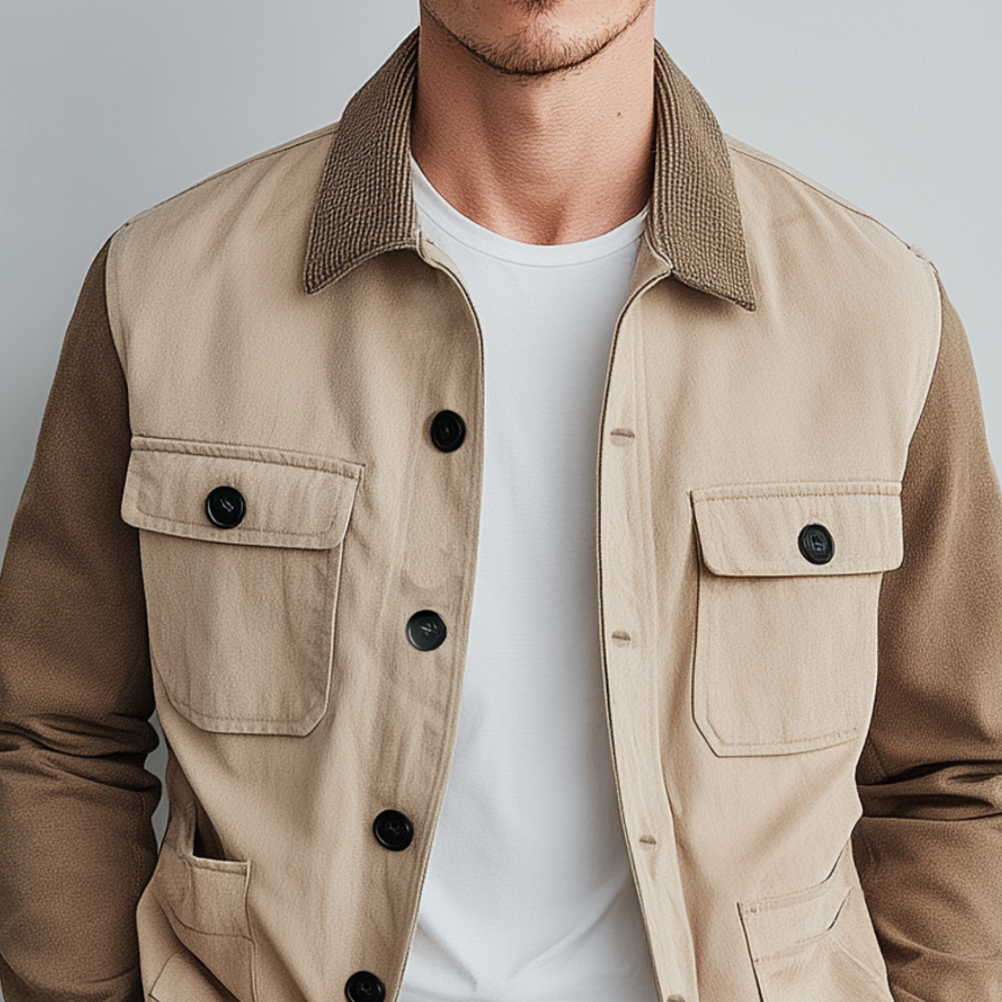 Men's Fashionable Casual Corduroy Collared Collar Stitching Suede And Cotton Blended Multi-pocket Jacket MTA2911G4K