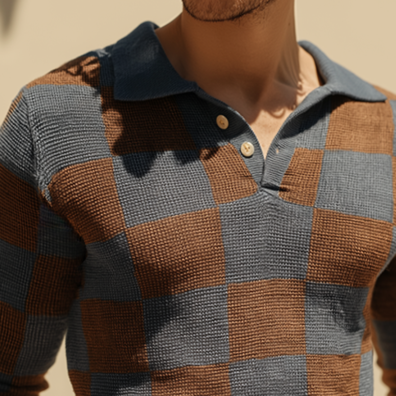 Men's Retro Casual Checkered Colorblock Knitted Long Sleeve Polo Shirt MTA2870H6TO