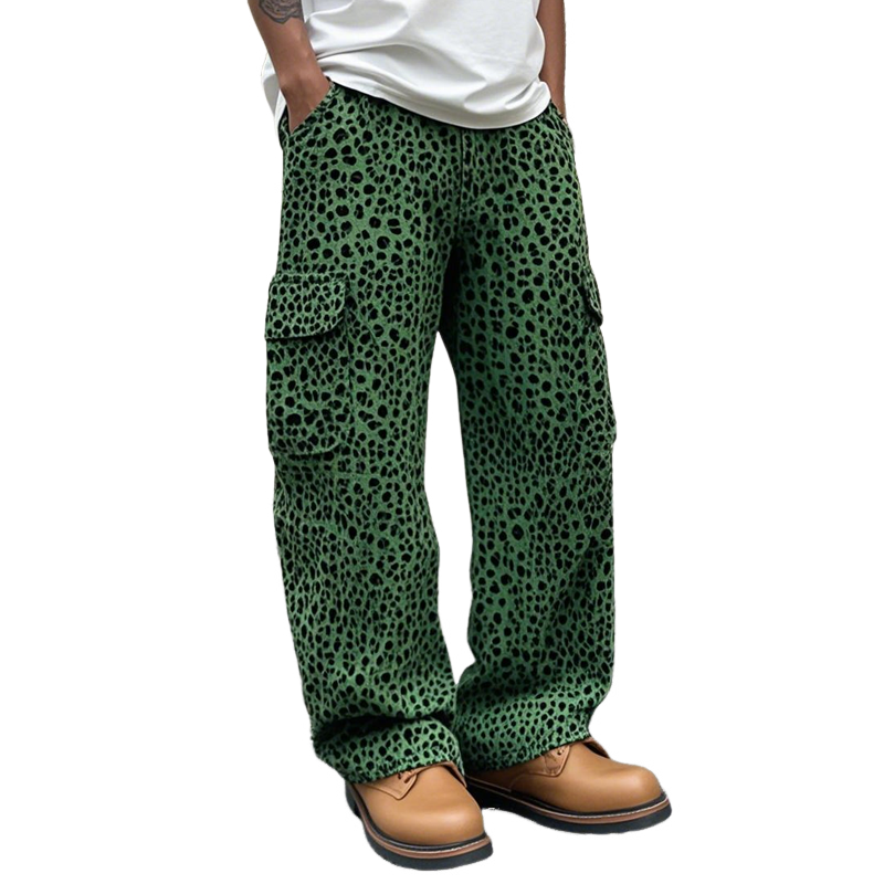 Herremote leopardfargede rette cargobukser med flere lommer MTA2120E6Z