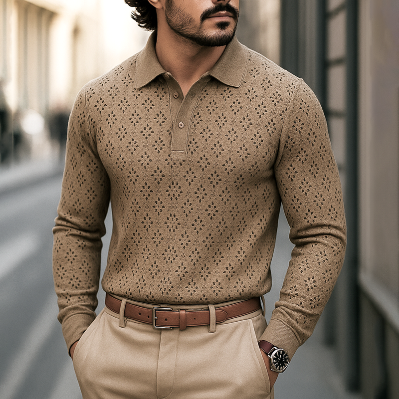 Men's Openwork Knit Lapel Long Sleeve Polo Shirt MTA1407H4Z