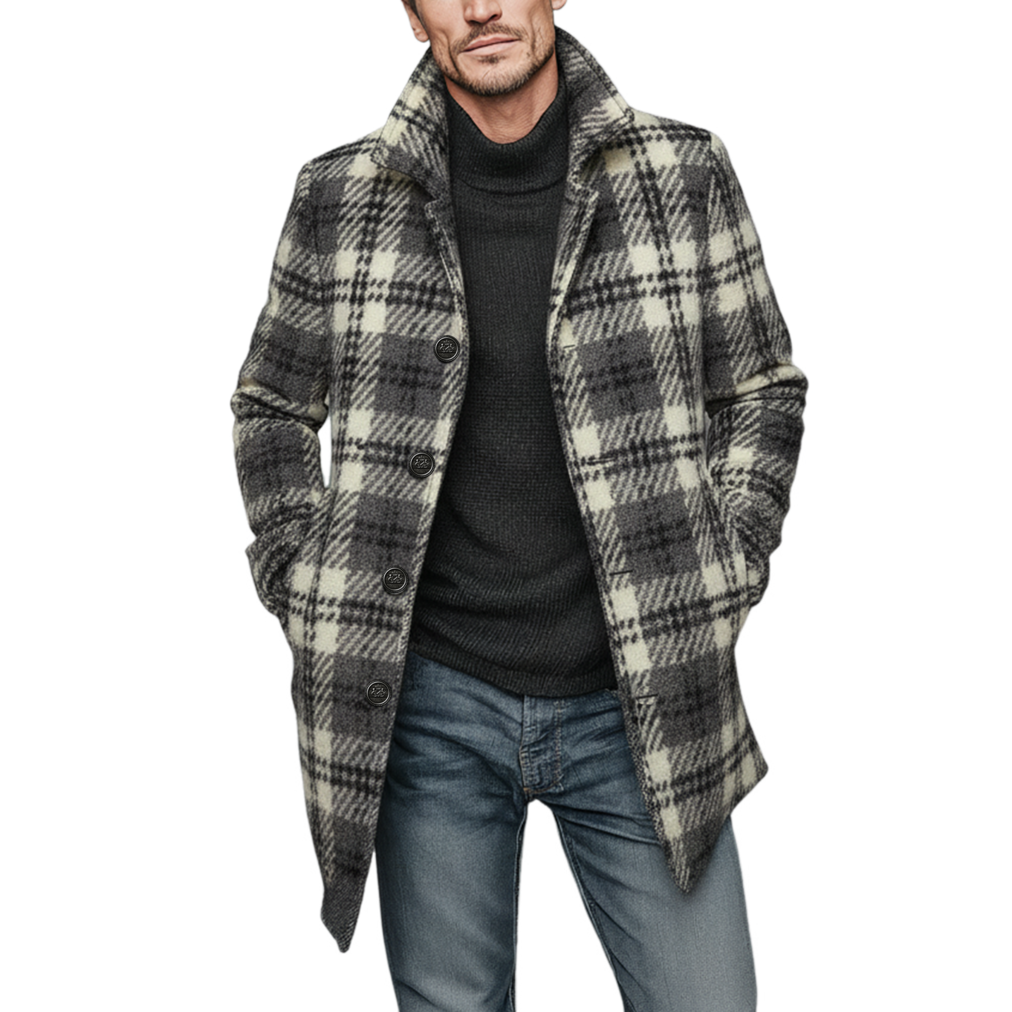 Men's Classic Vintage Faux Check Woolen Single-breasted Thigh-length Coat MTA2520I7K