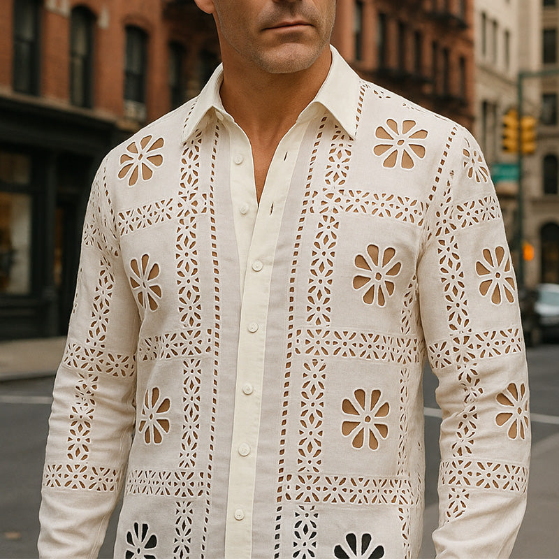 Men's Summer Simple Hollow Carved Cotton Blended Long Sleeve Shirt MTA2330E3P