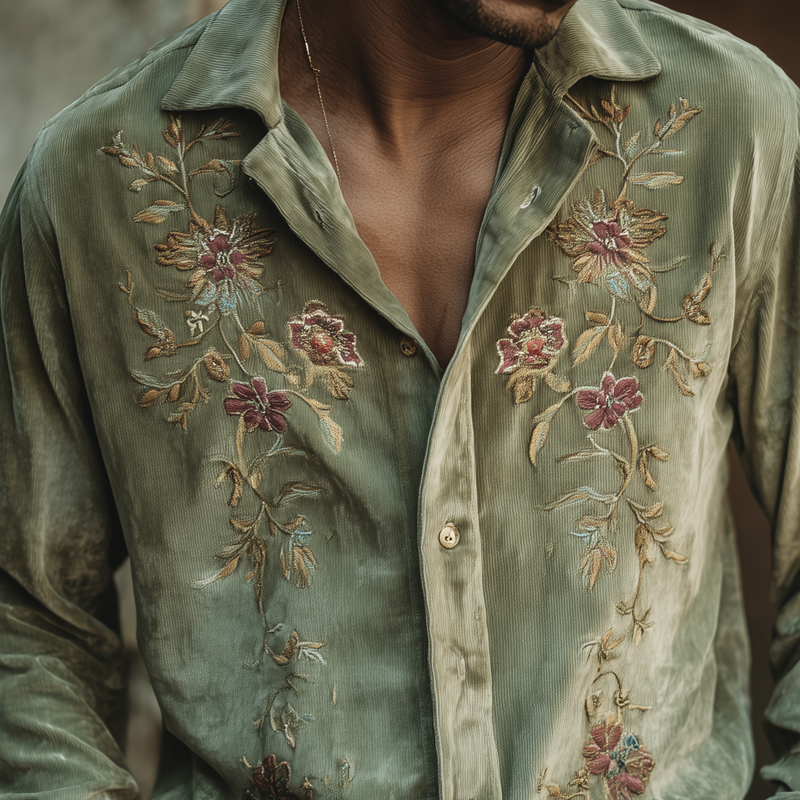 Men's Floral Embroidered Corduroy Lapel Long Sleeve Shirt MTA2712H0Z