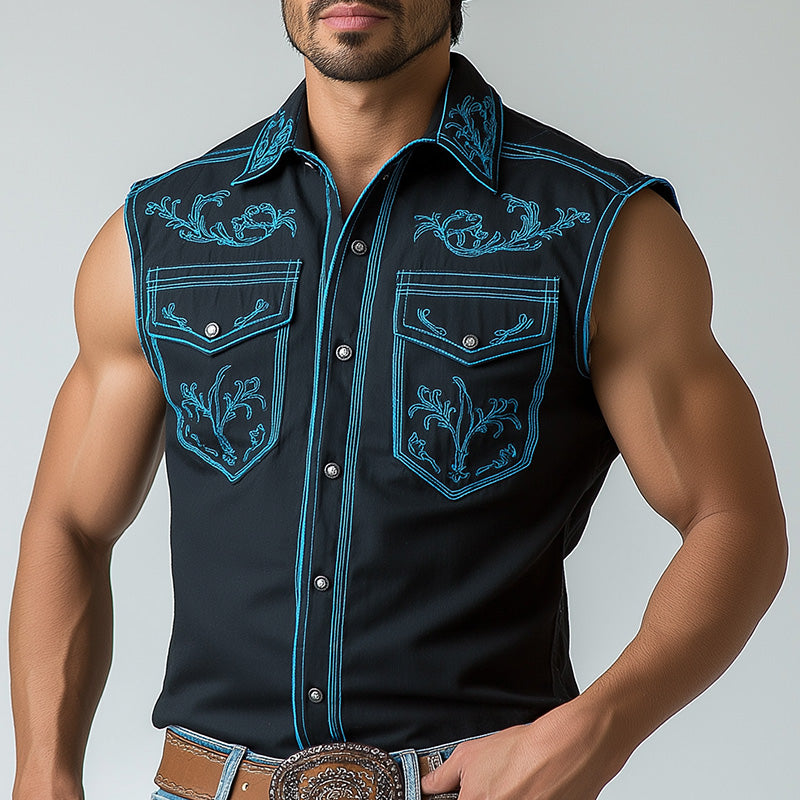 Men's Summer Western Cowboy Style Embroidered Cotton Blended Sleeveless Shirt MTA1404E4P