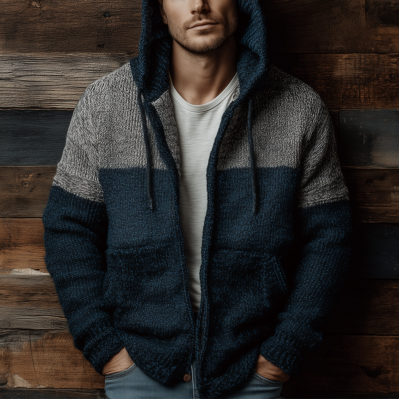 Men's Winter Fashion Mixed Color Cotton Knitted Hooded Cardigan Sweater MTA1041J7P