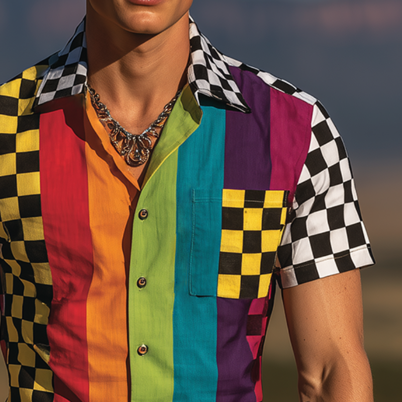 Men's Retro Casual Rainbow Checkerboard Print Lapel Short Sleeve Shirt MTA1865G2TO