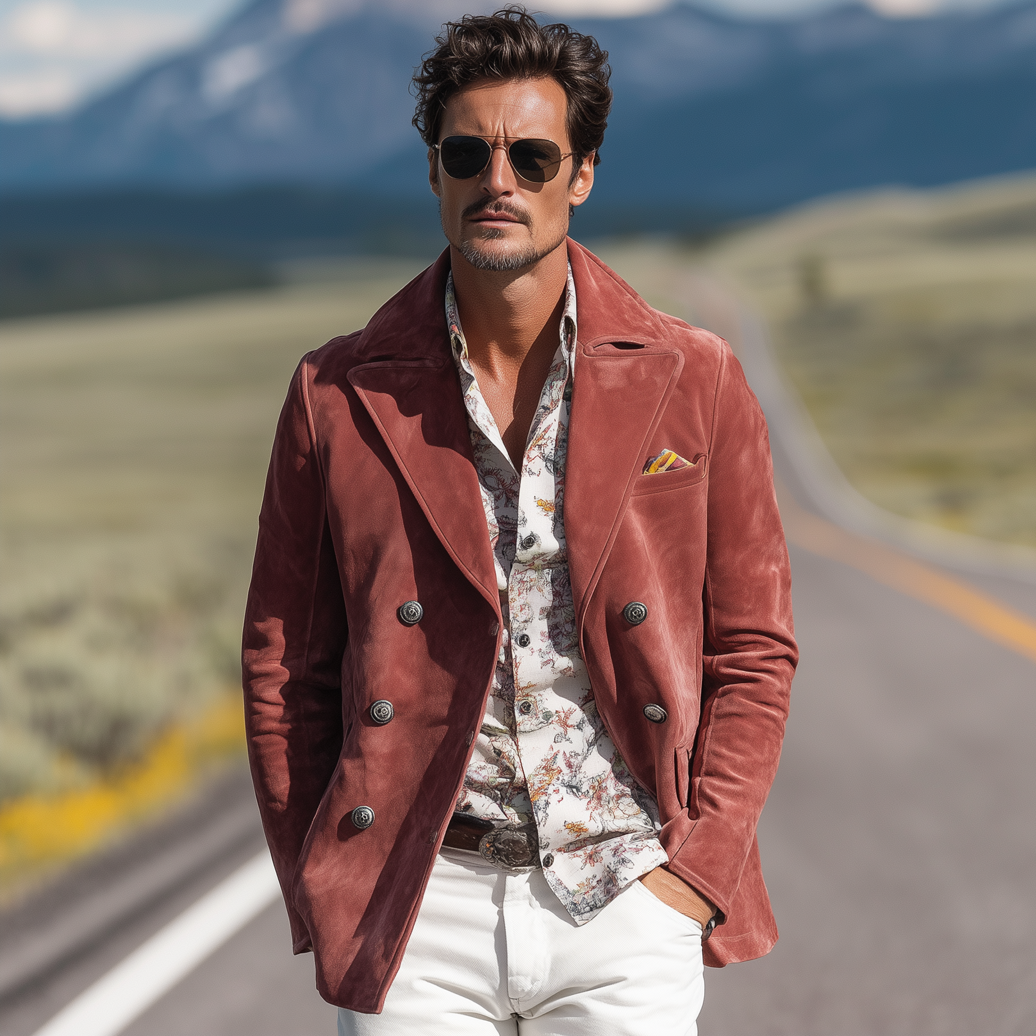 Men's Classic Casual Western Style Lapel Double-breasted Suede Jacket MTA1122H8K