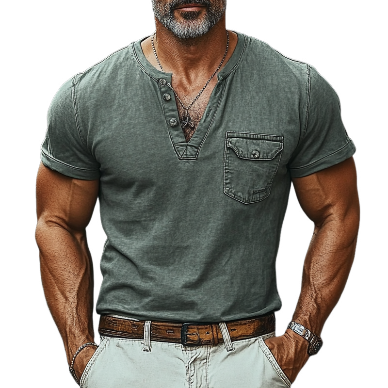 Men's Washed Pocket Solid Color Short Sleeve Denim Henley T-Shirt MTA1074F2X