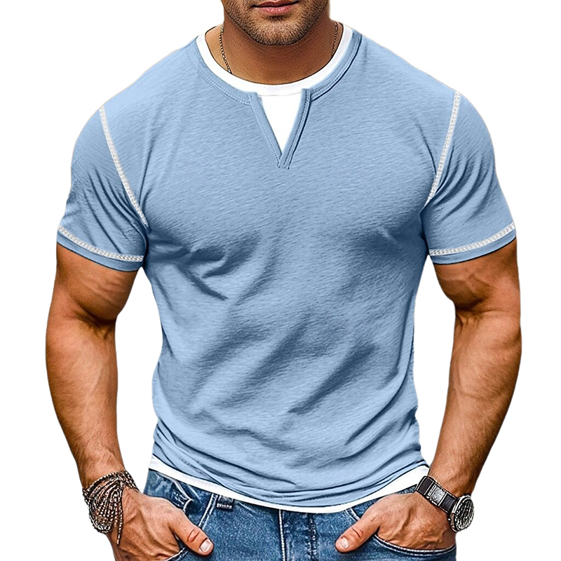 Men's Contrast Color V-Neck Cotton Blend Short Sleeve T-Shirt MTA1932G9X