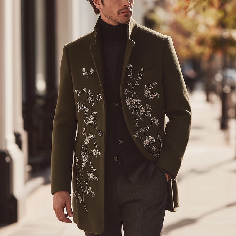 Men's Winter Fashion Floral Embroidered Faux Woolen Coat MTA0469I8P