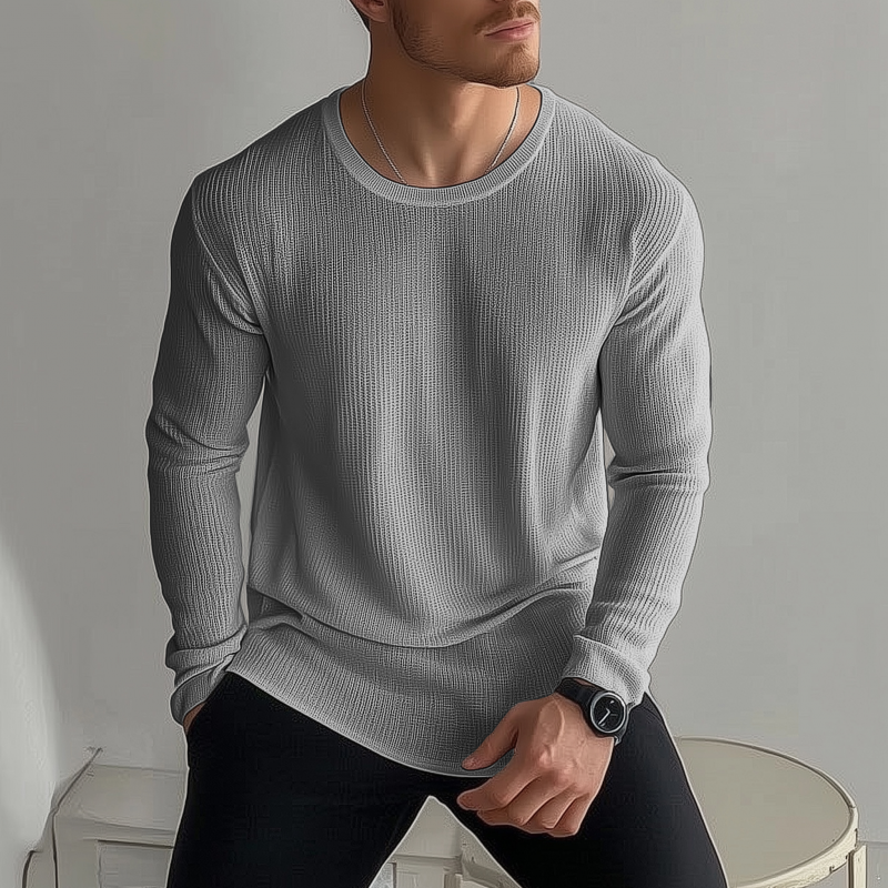 Men's Casual Solid Color Breathable Knitted Round Neck Loose Long Sleeve Sweater T-shirt MTA2184G6M