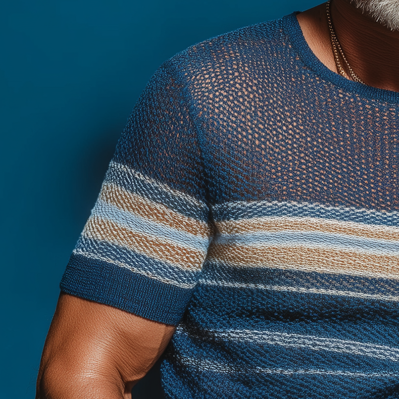 Men's Summer Retro Striped Knitted Hollow Short Sleeve T-Shirt MTA1864G9P