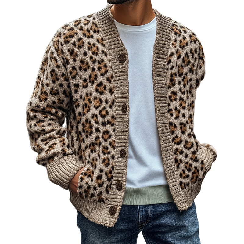 Men's Leopard Print Jacquard V-Neck Knit Cardigan MTA3088J3X