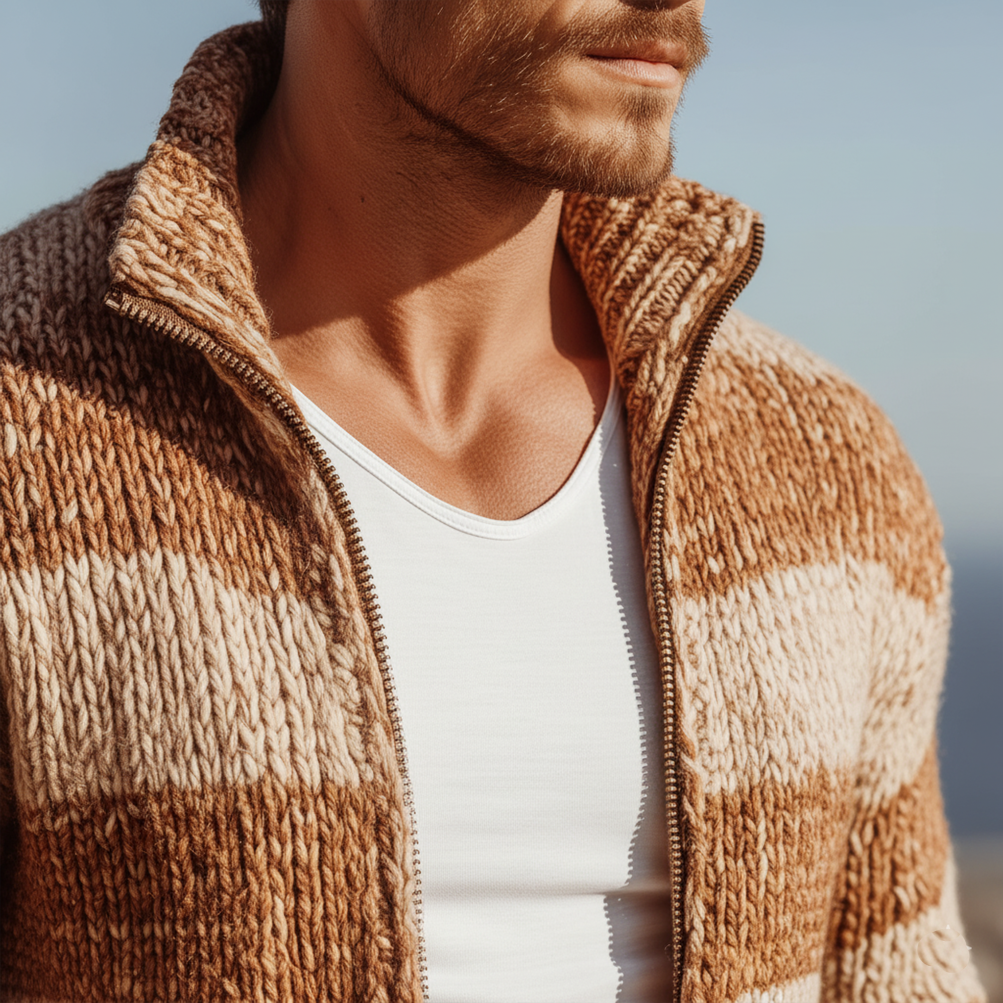 Men's Classic Casual Stand-up Collar Contrast Color Horizontal Stripes Slim Zipper Cardigan MTA2726J7K