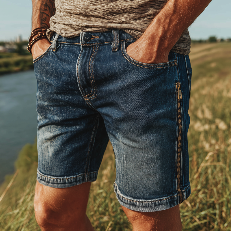 Men's Summer Fashion Side Zipper Vintage Denim Shorts MTA1892F7U