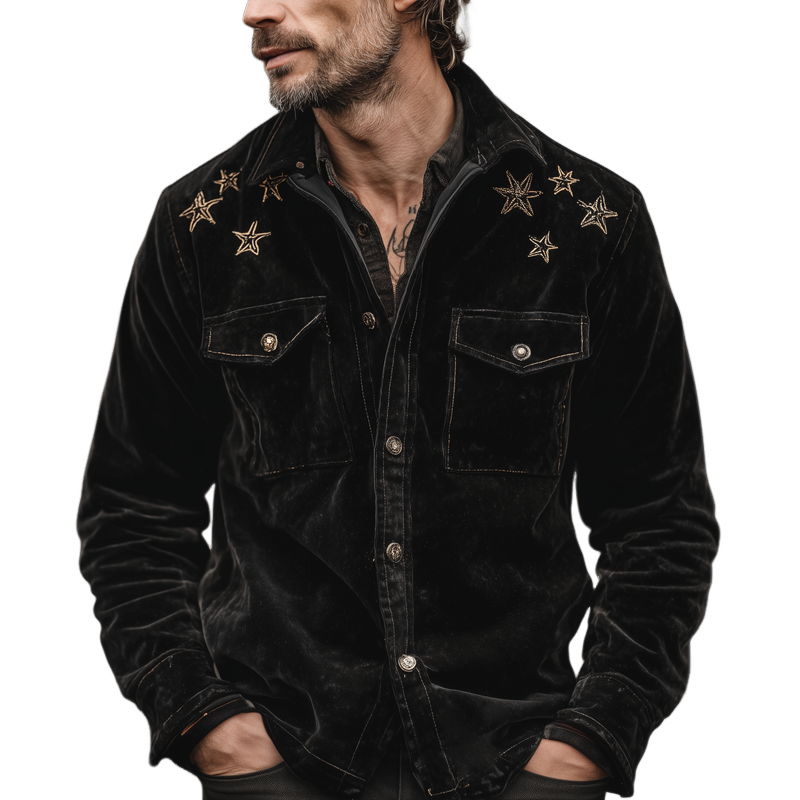 Men's Star Embroidered Faux Suede Lapel Long Sleeve Shirt MTA2784H1Z