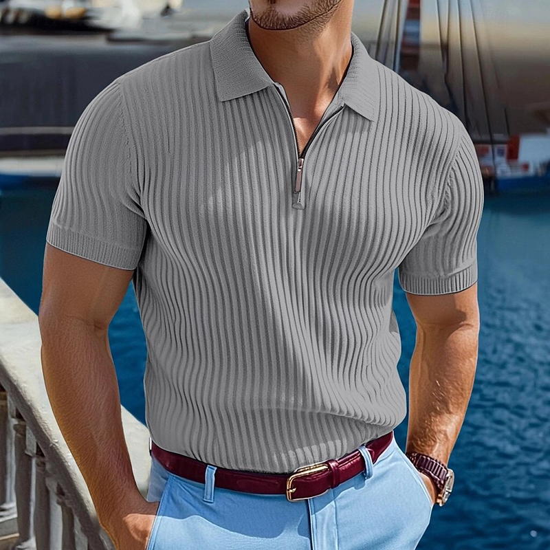 Men's Knitted Striped Zipper Short-sleeved POLO Shirt MTA1540G6X