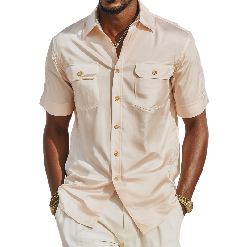 Men's Vintage Elegant Solid Satin Lapel Chest Pocket Slim Fit Short Sleeve Shirt MTA1134G8M
