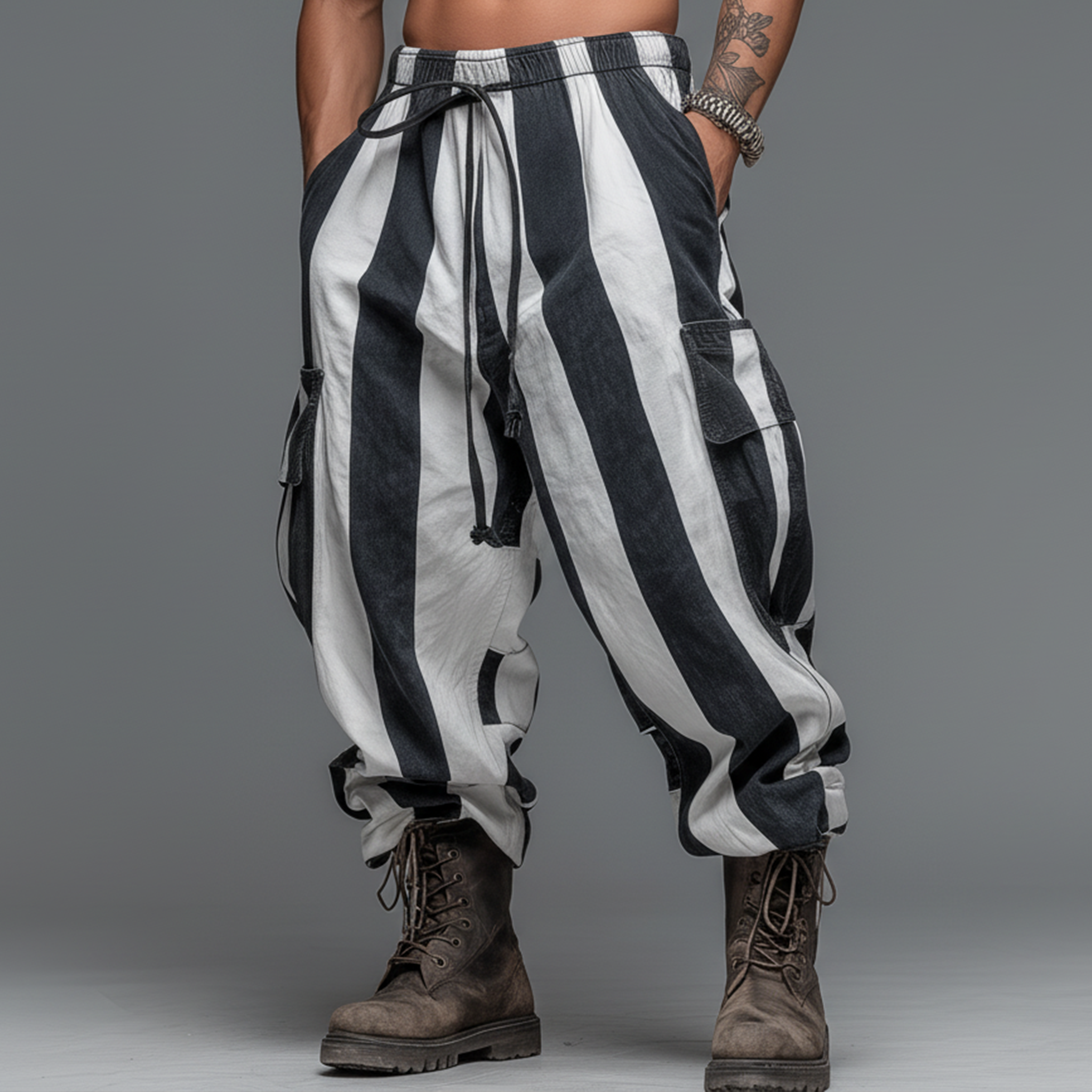 Men's Casual Black And White Striped Blend Elastic Waist Cargo Pants MTA2971J9K