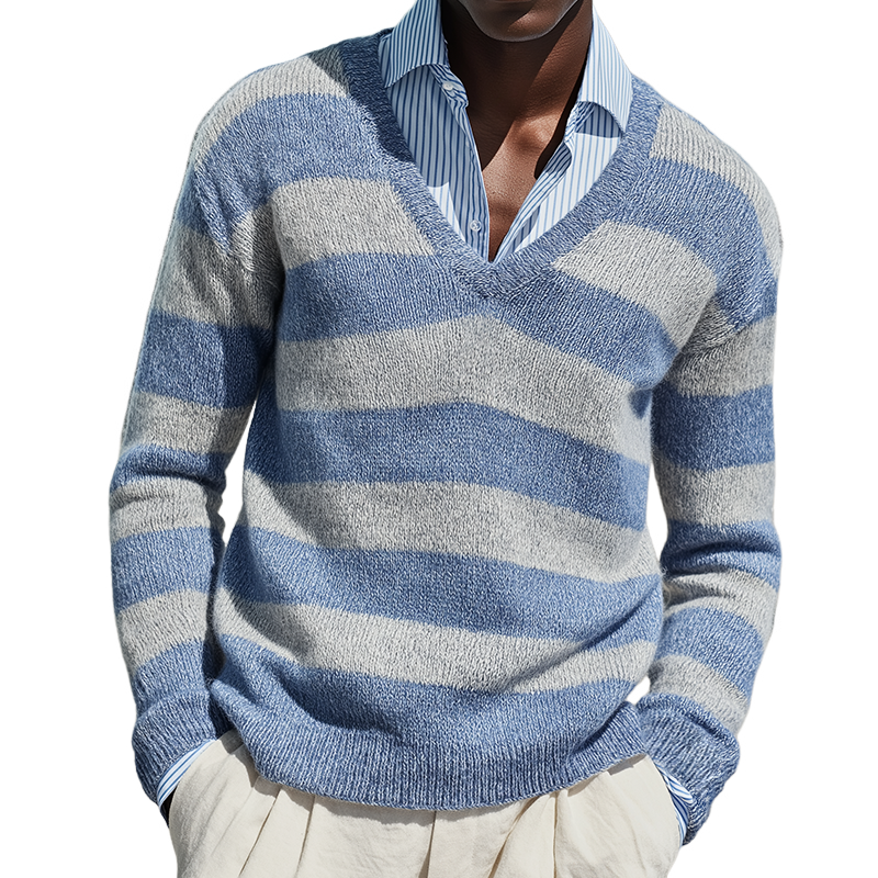 Men's Retro Casual Knit Striped V-Neck Sweater MTA2289K8TO