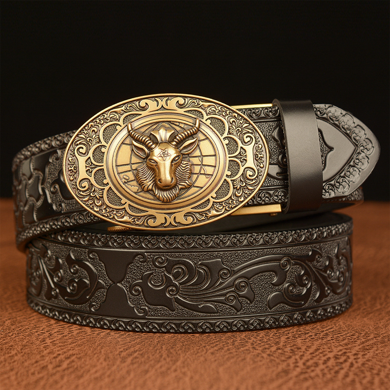 Men's Vintage Cowhide Personalized Carved Automatic Buckle Belt MTA0967F5U
