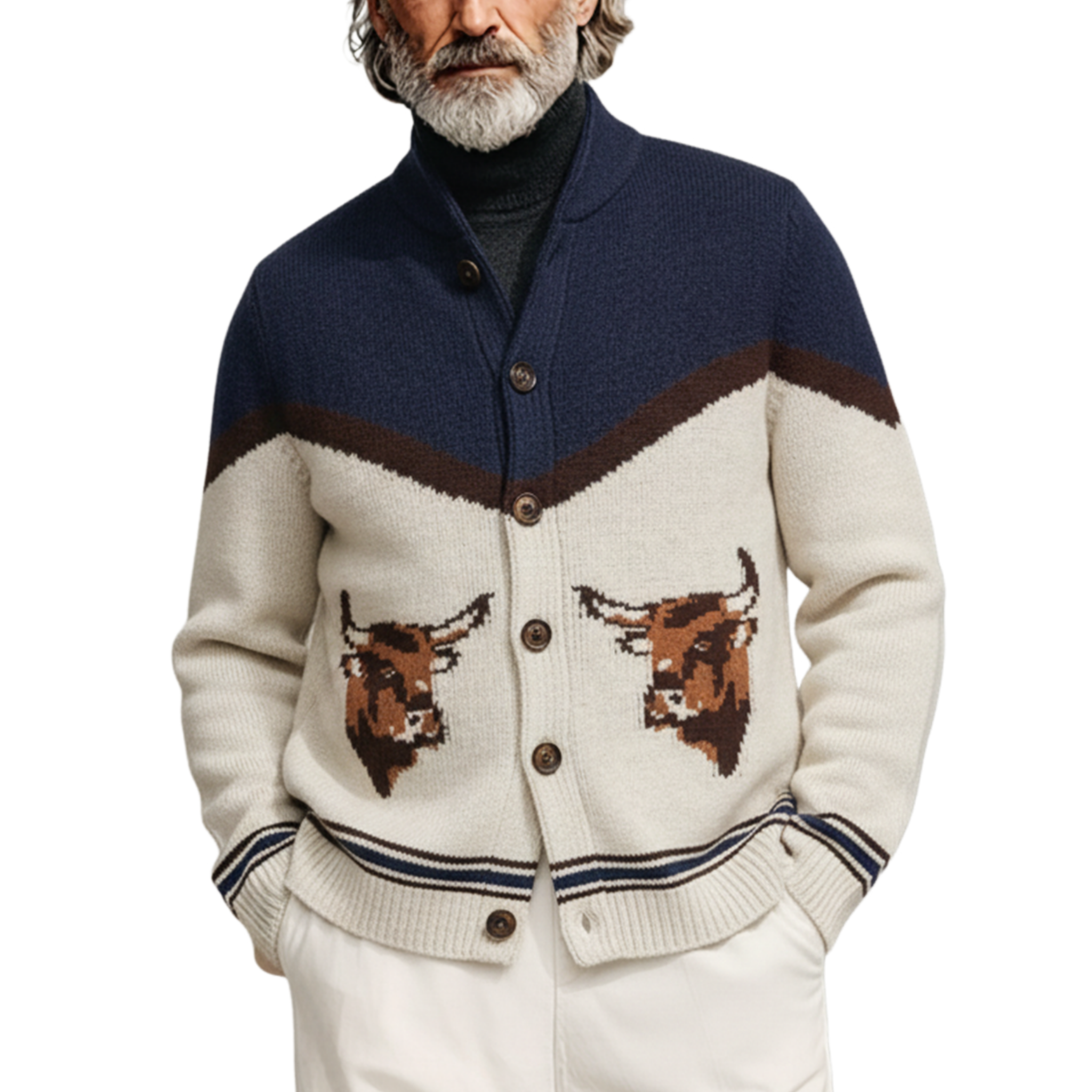 Men's Classic Old-money Style Stand-up Collar Animal Jacquard Knit Cardigan MTA0631K5K