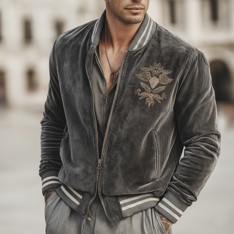 Men's Urban Classic Grey Velvet Embroidered Zip-Up Jacket MTA2932L2U