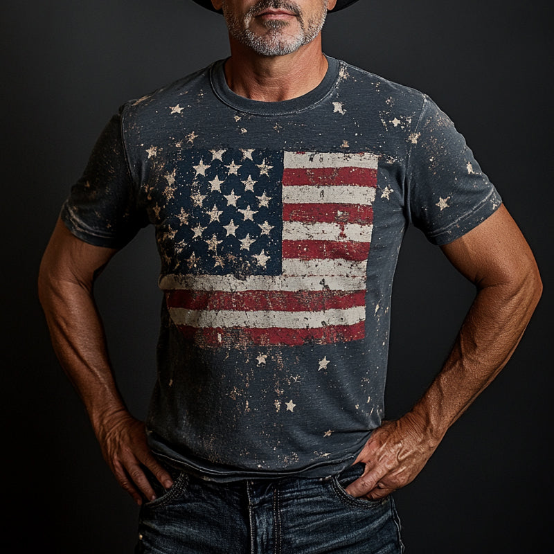 Men's American Flag Vintage Print Crew Neck Short Sleeve T-Shirt MTA2087E8X