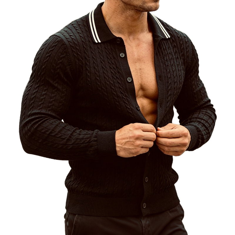 Men's Retro Casual Color Block Knitted Lapel Shirt Sweater MTA2276L7TO