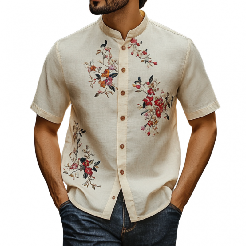 Men's Vintage Flower Embroidery Breathable Linen Stand Collar Slim Fit Short Sleeve Shirt MTA1625F6M