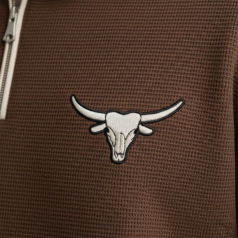 Men's Fashionable Bull Head Embroidered Waffle Polyester Blend Half-Zip Sweatshirt MTA2747J1P