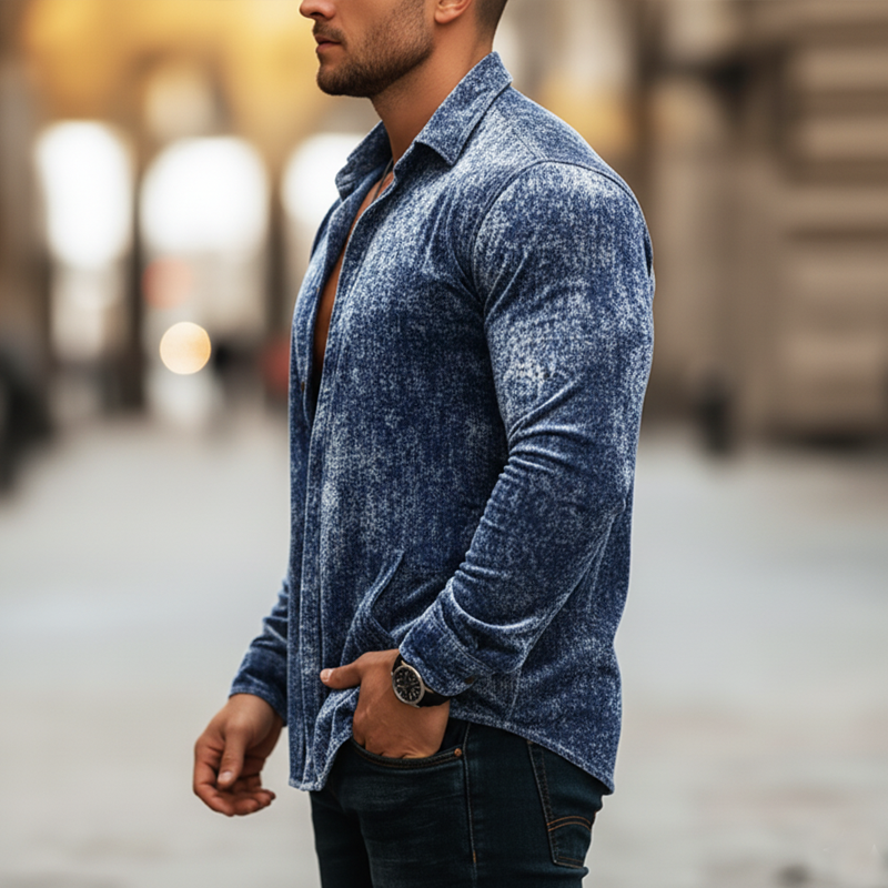 Men's Urban Snowflake Distressed Washed Denim Long-Sleeve Shirt MTA2316L4U