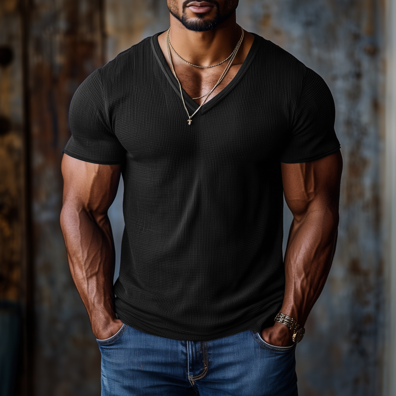 Men's Casual Sports Breathable Waffle V-neck Tight Short-sleeved T-shirt MTA1914G3M