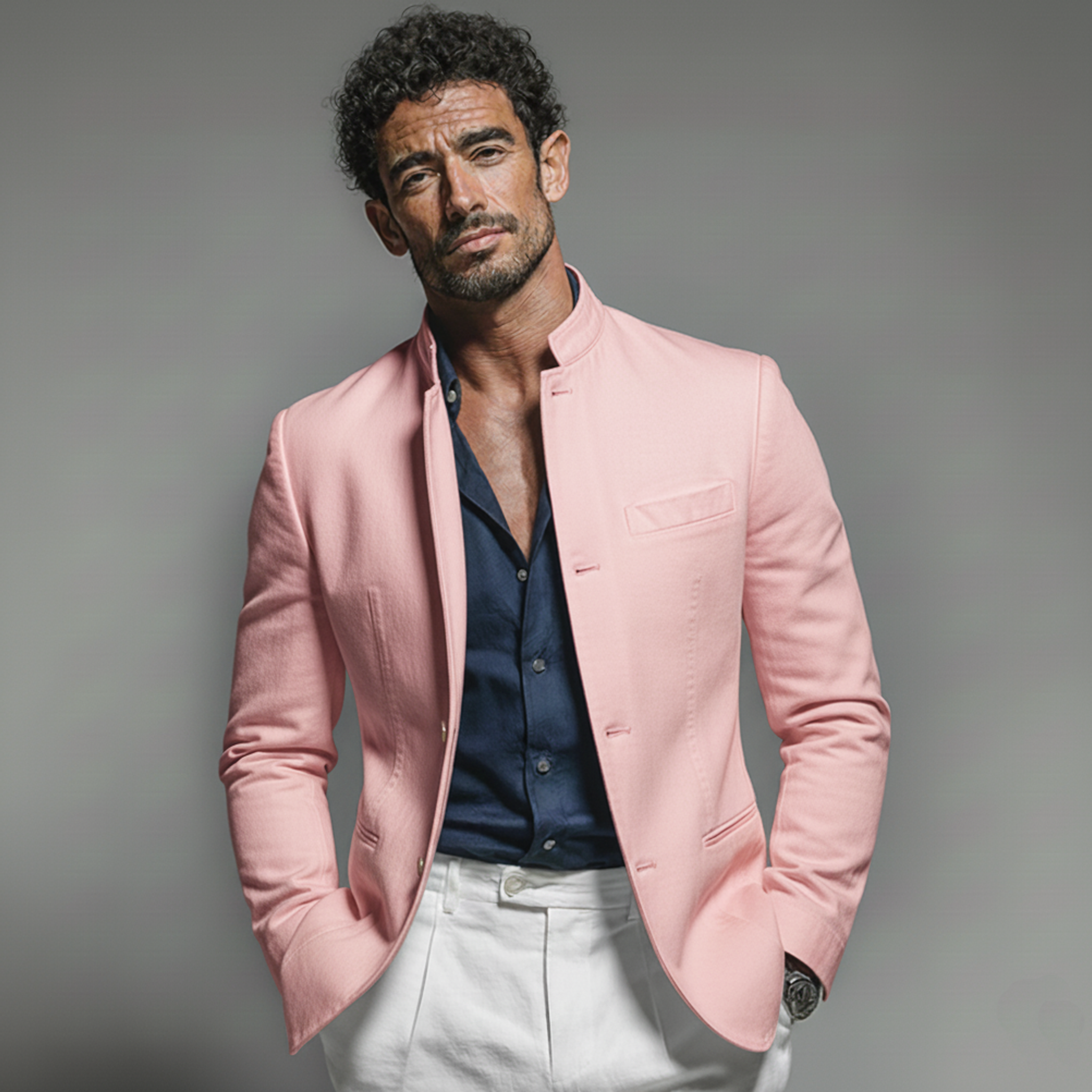 Men's Fashionable Casual Pink Twill Cotton Blend Stand Collar Jacket MTA0106L5K