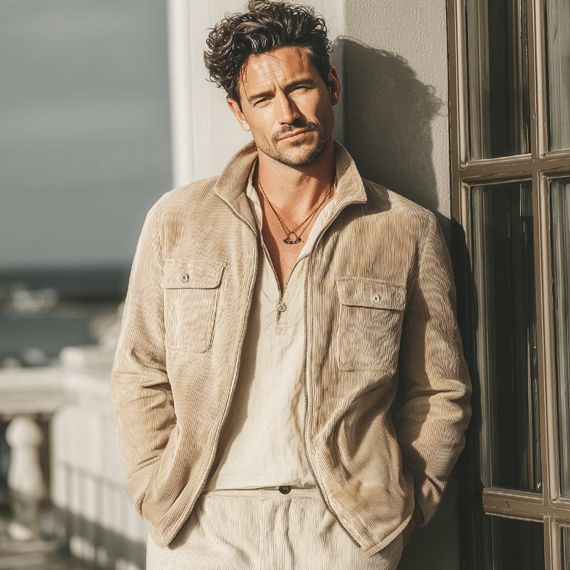 Men's Classic Stand-up Collar Corduroy Zip-up Jacket MTA2969I3U