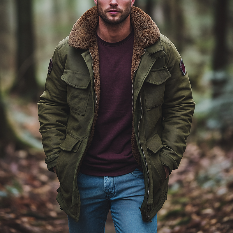 Men's Winter Retro Twill Cotton Fur Lined Mid-Length Jacket MTA1543K6P