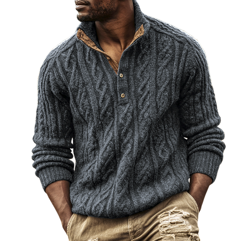 Men's Solid Cable Knit Henley Collar Long Sleeve Sweater MTA1245I9Z