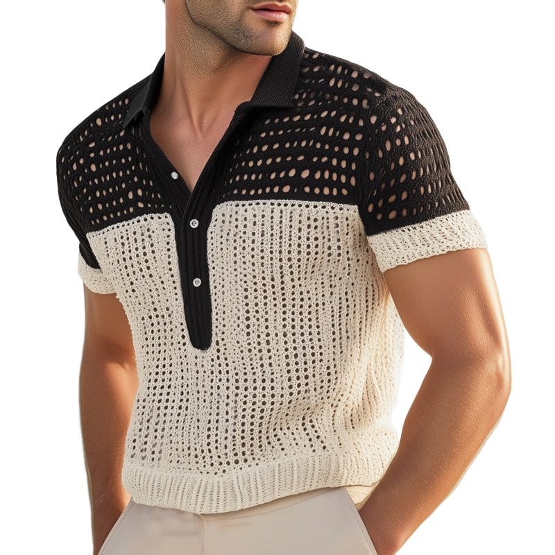Men's Summer Breathable Mesh Colorblock Knitted Short Sleeve T-Shirt MTA1452E0U