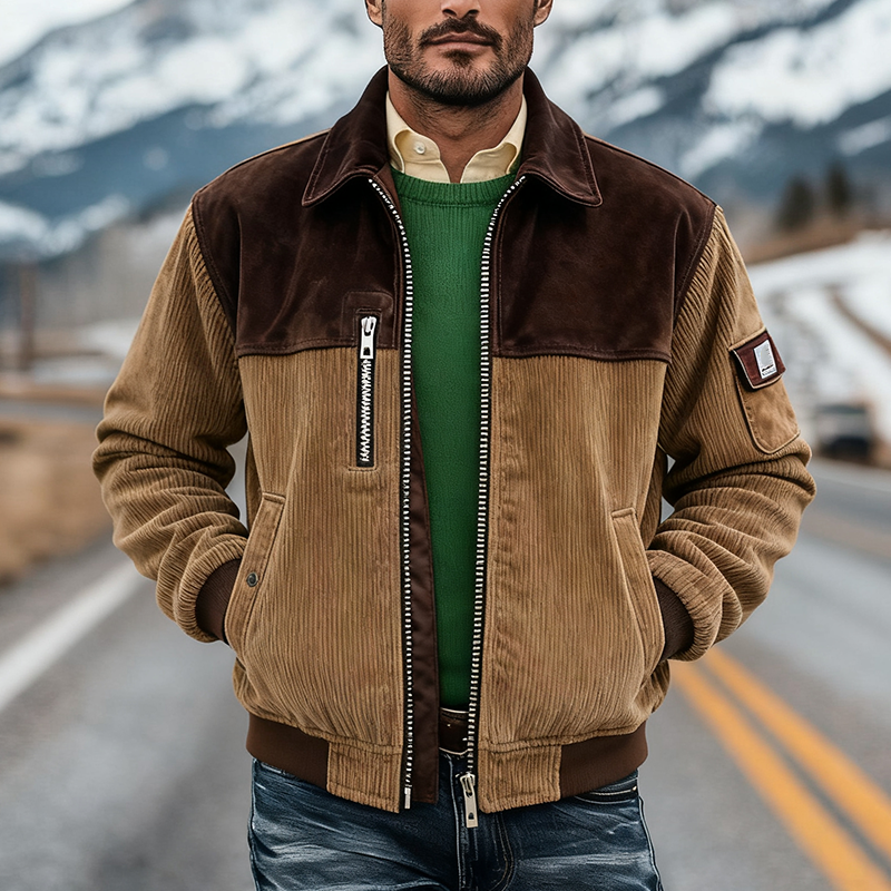 Men's Retro Color Block Faux Suede Corduroy Zip-Up Jacket MTA1165K8X