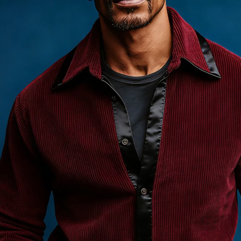 Men's Retro Casual Corduroy Satin Patchwork Lapel Long-Sleeve Shirt MTA1913L4TO