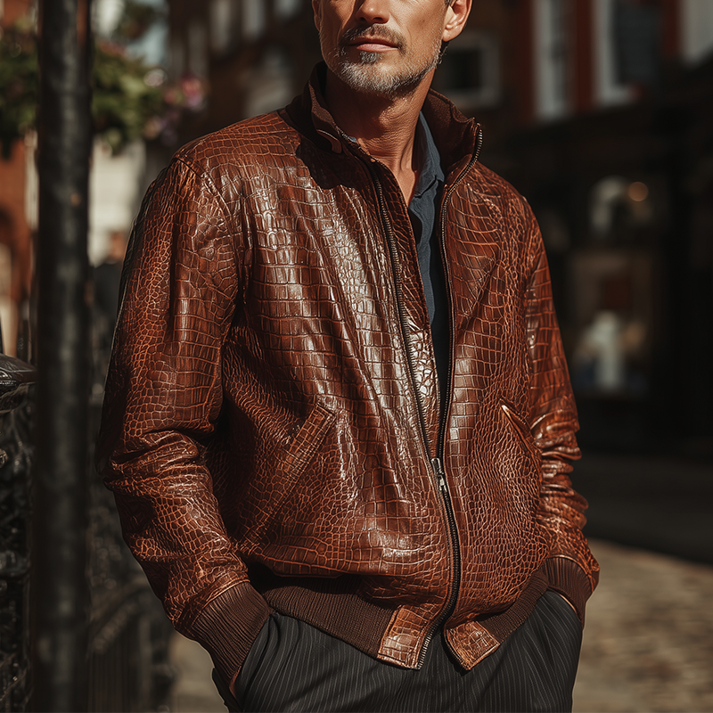 Men's Winter Vintage Faux Crocodile Leather-textured PU Leather Jacket MTA1881I1P