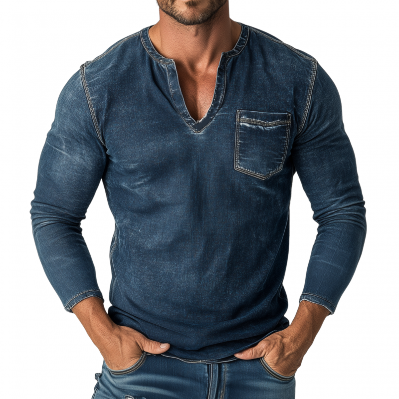 Herre vintage vasket slitt V-hals, smal passform, langermet denim-T-skjorte med påsydde lommer og V-hals MTA1141F2M