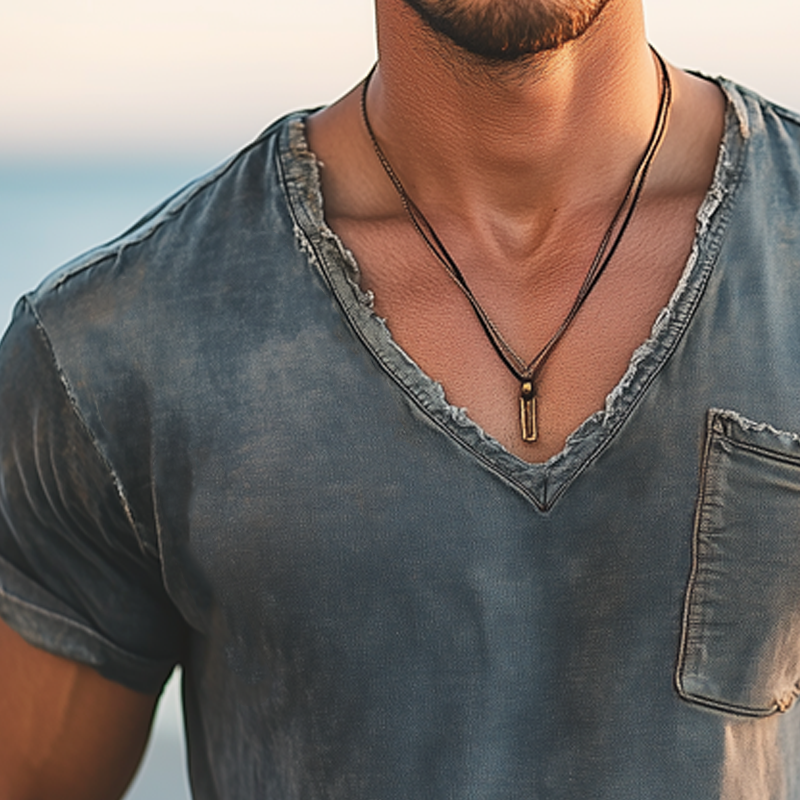Men's Summer Casual Deep V-neck Raw Edge Short-sleeved T-shirt MTA1973G0U